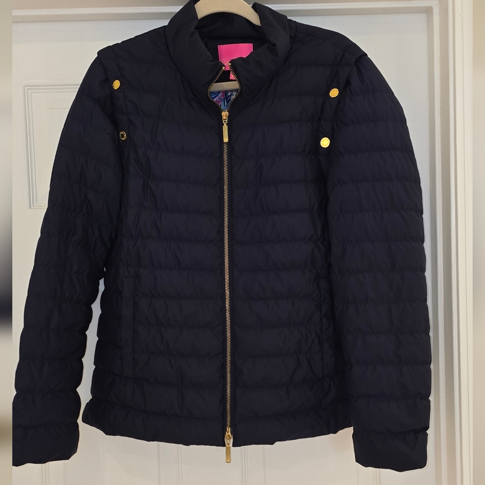 Lilly Pulitzer Navy Convertible Puffer  Jacket with Gold Accents